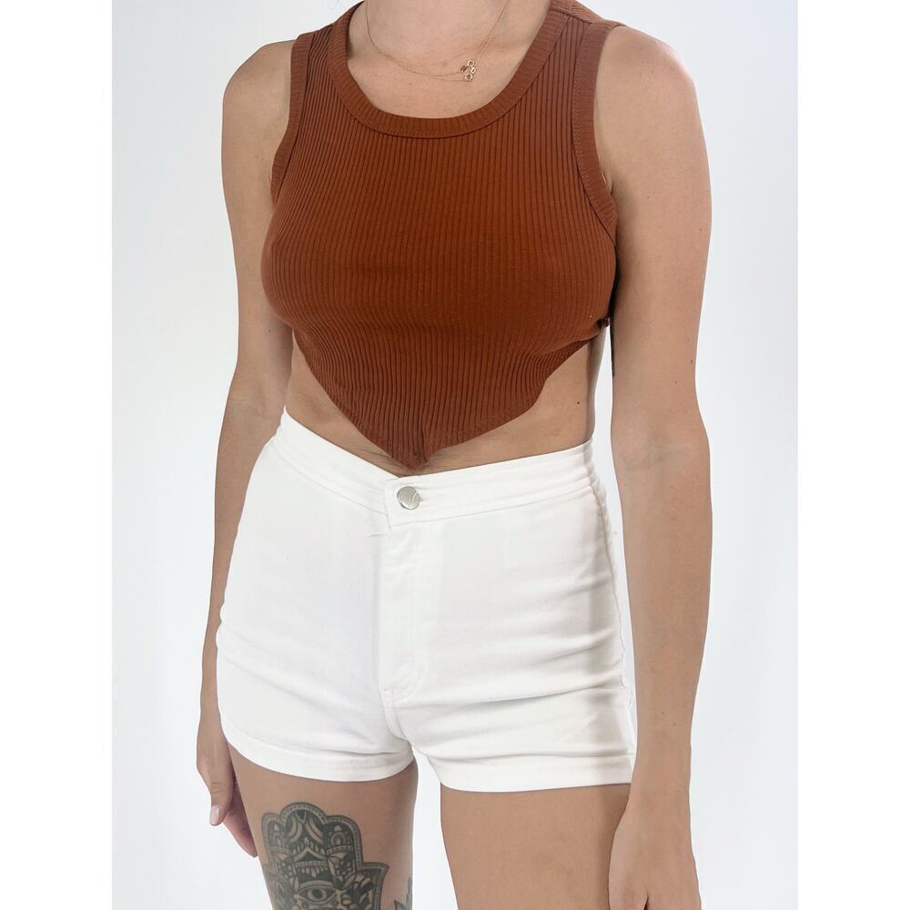 Women's Burnt Orange Ribbed Crewneck Asymmetrical Hem Bandana Crop Top Size S
